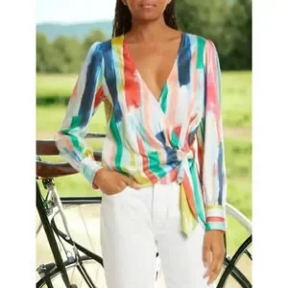Womens Milly Multicolor Satin V-Neck Watercolor Brushstroke Wrap Blouse Top S